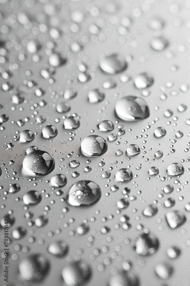 Droplets of Water Captured on Grey Reflective Surface, Generative AI