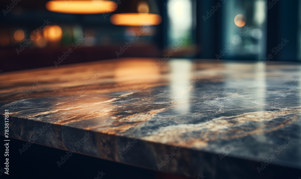 Empty marble table close up, blurred restaurant background with copy space