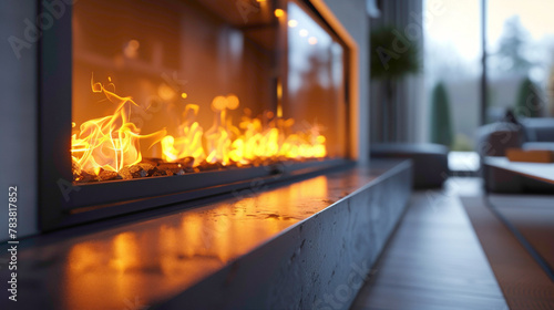 Close-up of a sleek and modern fireplace in a contemporary living room, modern interior design, scandinavian style hyperrealistic photography