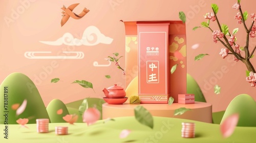 Chinese tea banner ad. Chinese translation: Tea of aromatic leaves and sweet taste. Illustration of tea package with scattered loose leaves and tea plantation in background. photo