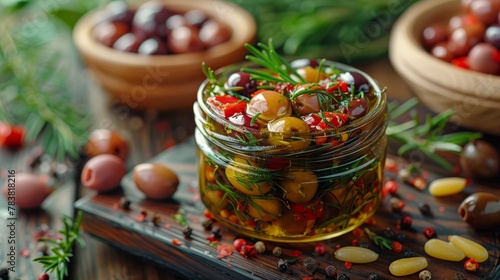  A jar of food, tightly focused, sits on a table Surrounding it are assorted bowls of food and vibrant plants in the backdrop