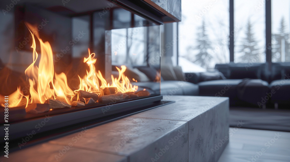 Close-up of a sleek and modern fireplace in a contemporary living room, modern interior design, scandinavian style hyperrealistic photography