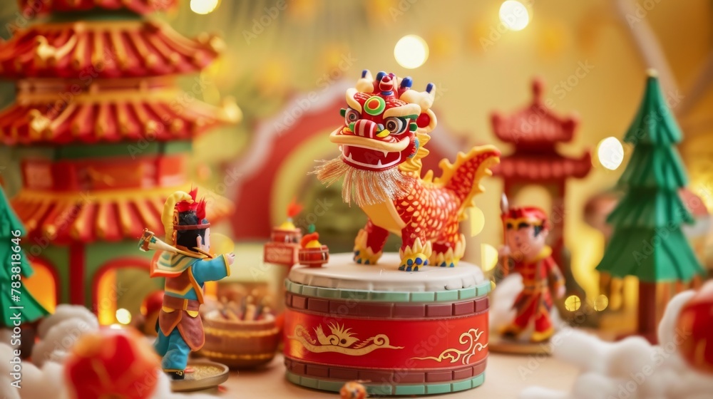 Objects related to the Chinese CNY temple fair. Miniature young men performing dragon and lion dances on large drums.