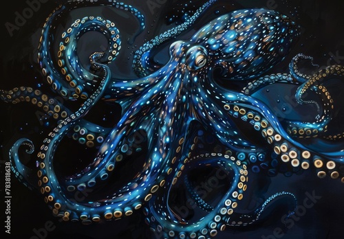 Imaginative portraits of marine predators like sharks, octopuses, or eels, portrayed in shadowy depths with bioluminescent accents and swirling, surreal patterns, reminiscent of creatures from the dep © Nicat