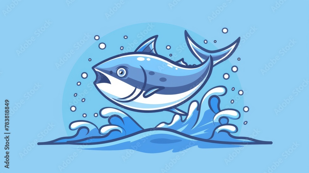 A bluefin tuna jumps from waves splashing water through the sea on a blue background in a flat style illustration A bluefin tuna jumps from waves splashing water through the sea on a blue background in a flat style illustration