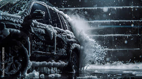 Close-up of car covered in soap foam washing in black background, Car wash service advertising concept.