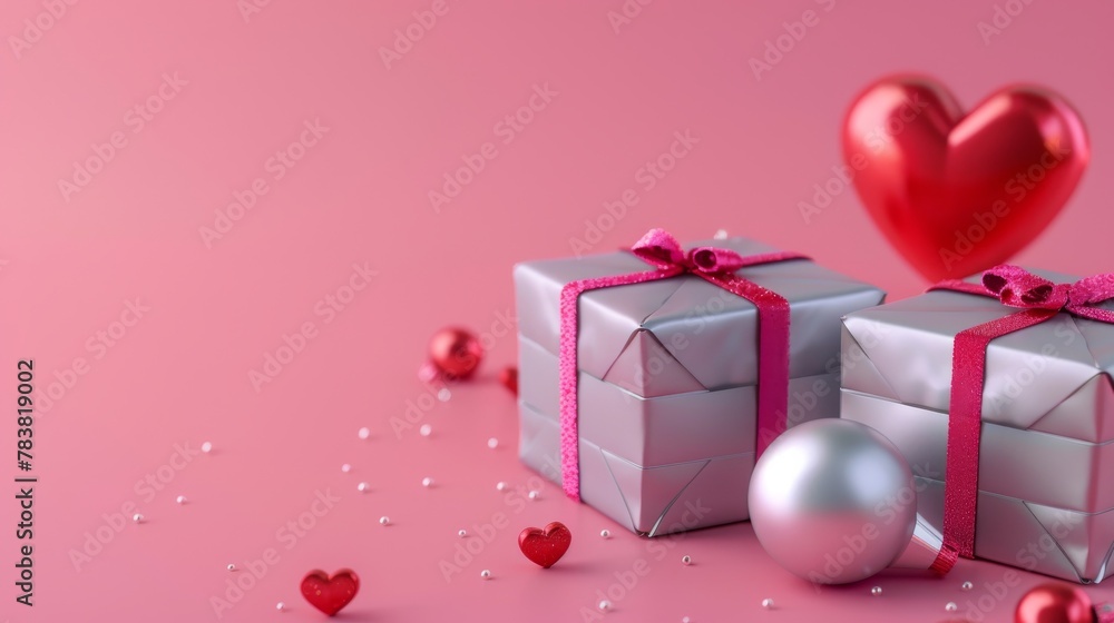 Various 3D illustrations with two wrapped gift boxes, a metallic ball, a red heart decoration, and a pink background in flat lay
