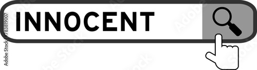 Search banner in word innocent with hand over magnifier icon on white background