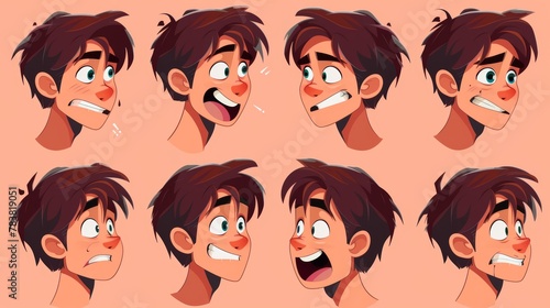 An animated man's face with different emotions. The young guy is neutral looking, laughing and angry, embarrassed and surprised, winking his eye.