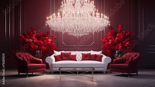 Crystal chandeliers casting a soft glow over the luxurious white sofa, elevating its presence against the stunning backdrop of the 3D ruby wall.