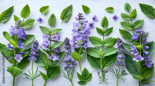  A cluster of purple blooms and accompanying green foliage against a pristine white backdrop, with additional green leaves adorning the wall's side