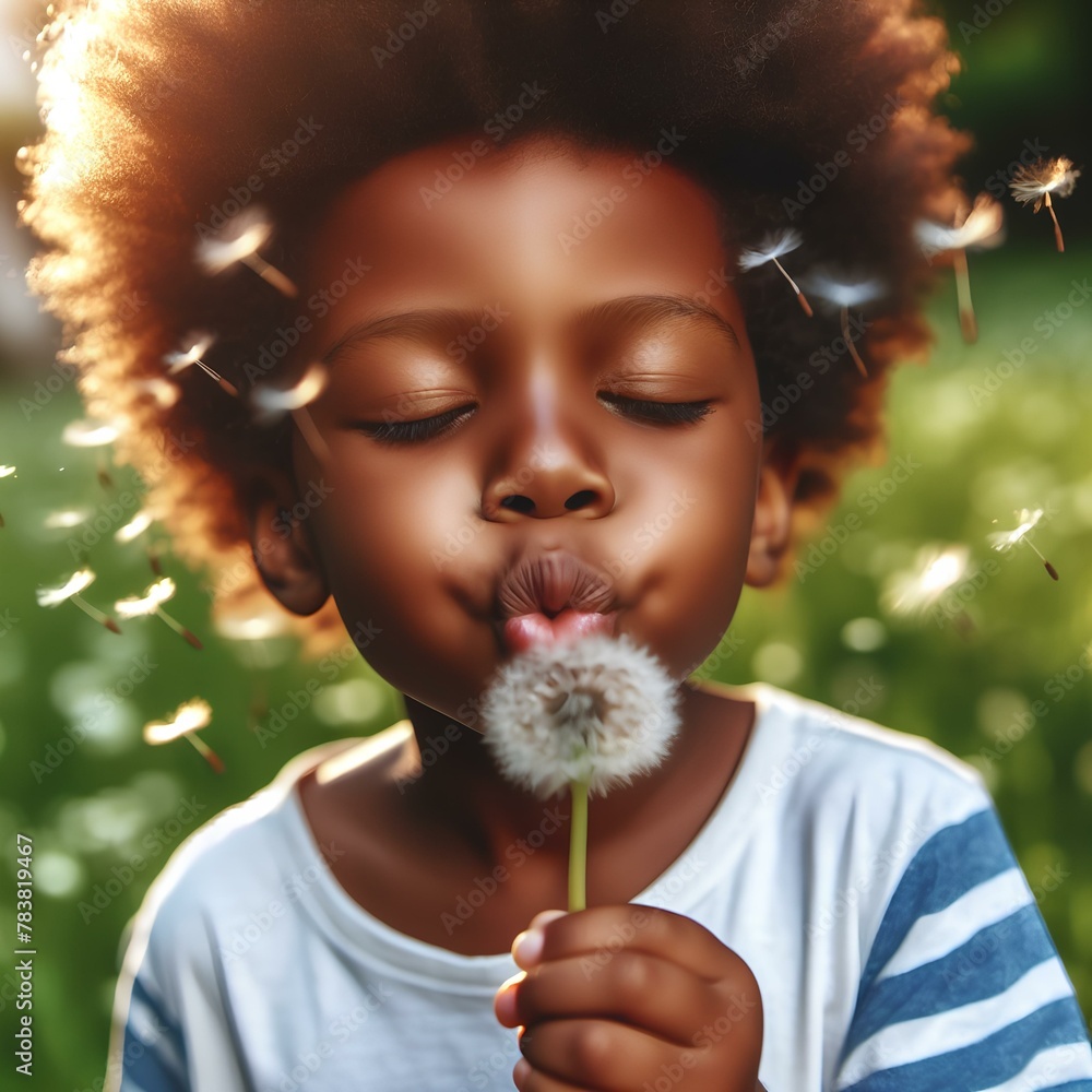 Little boy blows down dandelion fluff. Making a wish. Little boy blows down dandelion fluff. Making a wish.