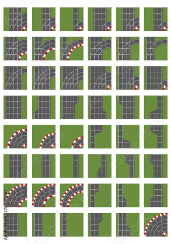 Set of elements of the race track. Set for creating a game. Isolated on white background. Vector illustration.