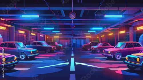 Retro cars parked at underground parking. Modern cartoon illustration of dark basement at night, many cars illuminated with lamps, crossing sign on ground, arrows drawn on road.