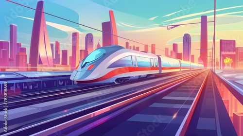 A train in high speed passes through a large cityscape. The concept is a Chinese new year holiday travel rush. The text: Get Chinese new year trip tickets. The family is reunited for the new year. photo