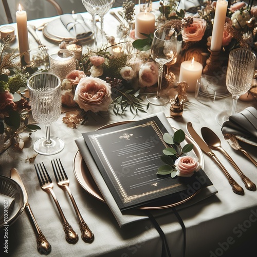 fine dining table setting of luxury fancy restaurant menu invitation card mockup for weddings and romantic
