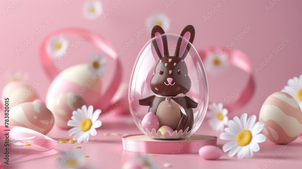 A 3D chocolate Easter bunny surrounded by transparent eggshell decorations on a light pink background along with ribbons, painted eggs, and daisies.
