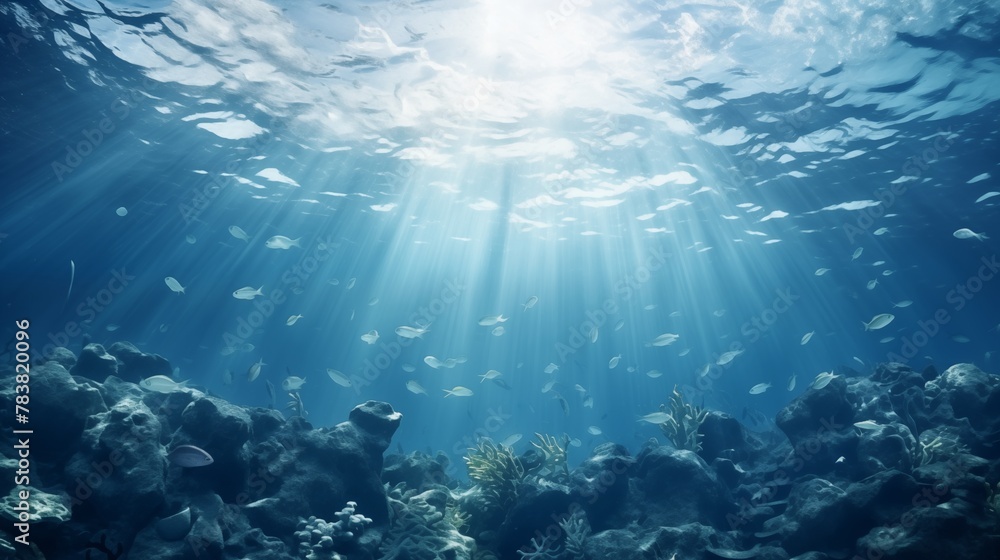 Obraz premium Underwater beauty reveals itself in the clear blue depths, where vibrant marine life thrives in abundance, creating a mesmerizing and vibrant ecosystem. 