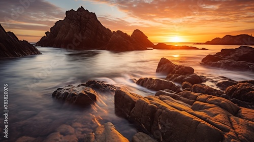 Coastal rocks are bathed in the warm, golden light of dawn, casting a serene glow over the tranquil seascape. 