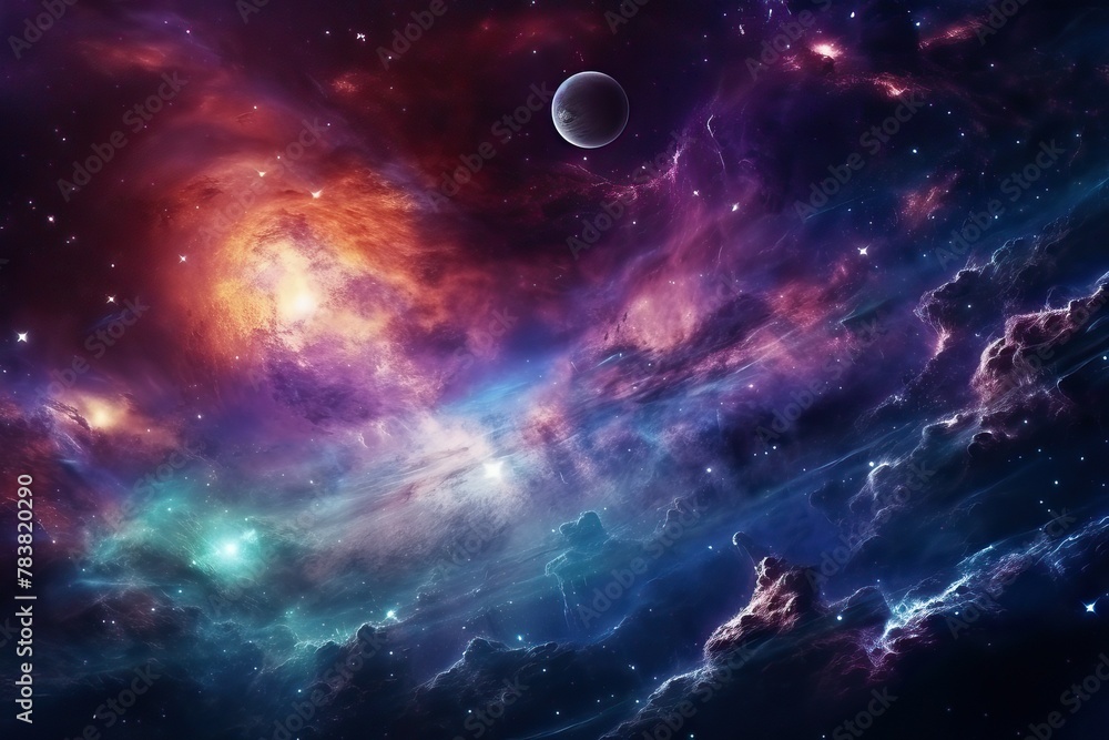 Obraz premium A vibrant space scene featuring numerous planets and stars scattered across the galaxy. Generative AI