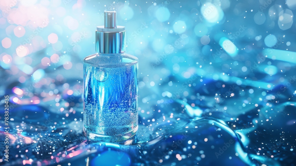 3D illustration of a hydrating skincare ad with droplets of water and swirling aqua effect on a glittering blue background. 3D illustration of a hydrating skincare ad with droplets of water and swirling aqua effect on a glittering blue background.