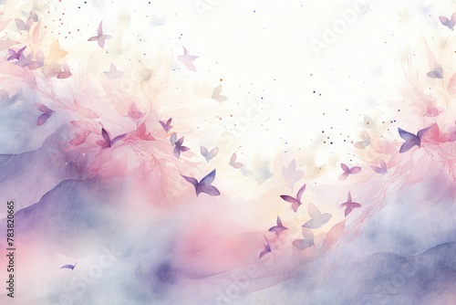 A painting featuring pink and purple butterflies fluttering against a sky backdrop. Generative AI