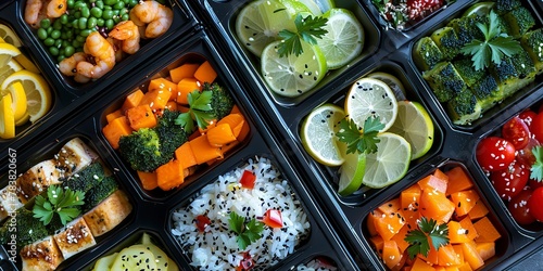 Healthy work lunch in a bento box, close-up, vibrant food colors, clear detail 