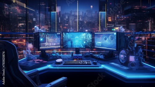 A futuristic digital workstation overseeing the functions of a highly advanced robot against a backdrop of glowing digital displays and neon lights.