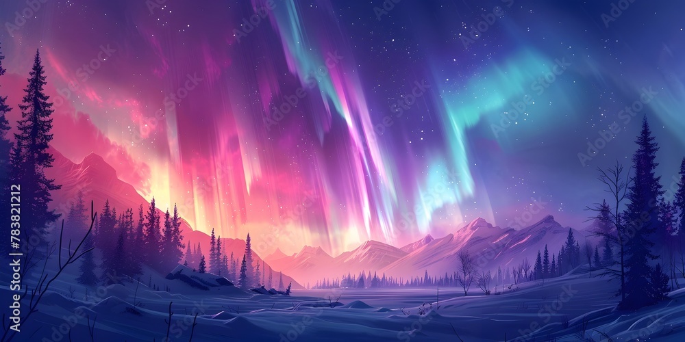 The Mystical Dance of the Northern Lights Over a Snowy Landscape Painting Like of Aurora Borealis Illuminating the Night Sky