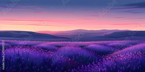 Mesmerizing Lavender Field Stretching Towards a Tranquil Horizon at Dusk