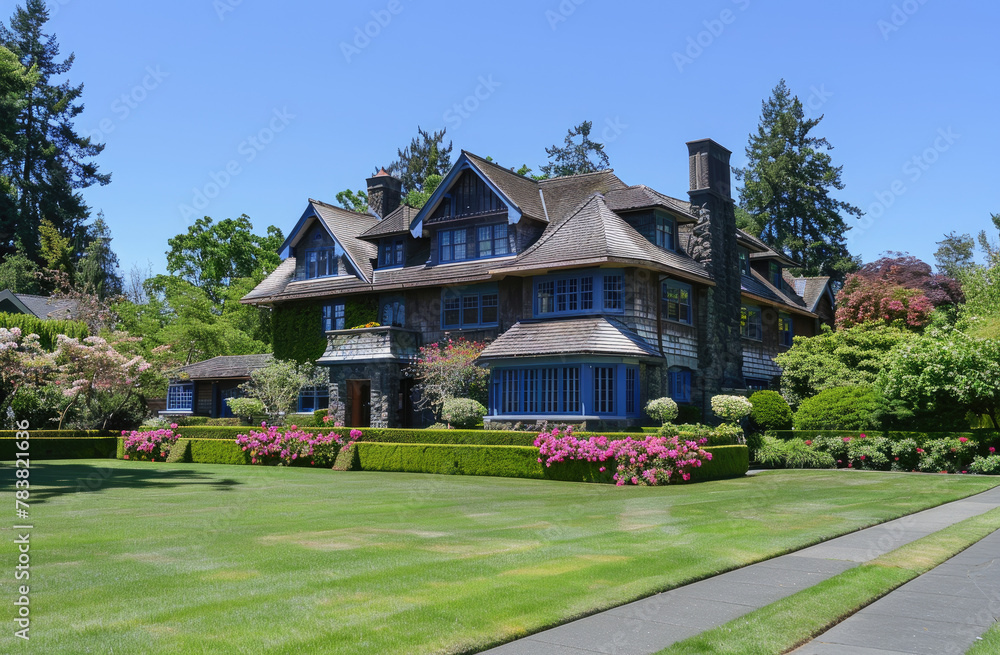 Beautiful suburban home with a large front yard and lawn, blue sky background. The house has two floors, multiple windows, a wooden shingle roof, white trim around the doors and window frames