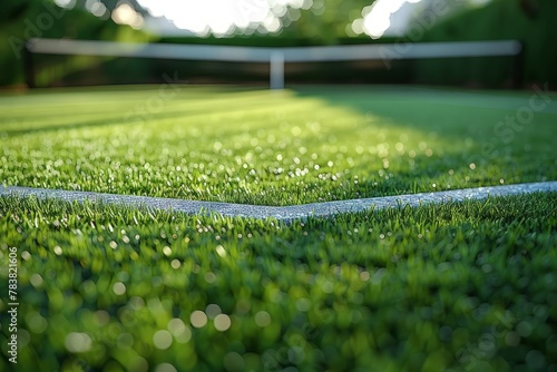 Close-up of freshly cut grass tennis court, tennis court at dawn, major tennis club tournament photo
