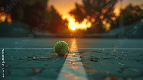 A solitary tennis ball on a hard court captures the essence of a serene sunset with golden hues in the background. © saichon