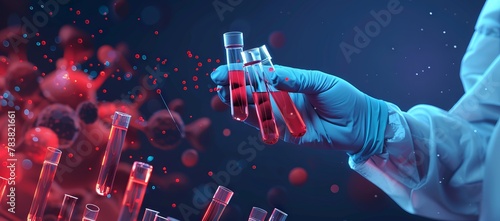 Scientist holding medical testing tubes or vials of medical pharmaceutical research with blood cells and virus cure using DNA genome sequencing biotechnology as wide banner for Ad