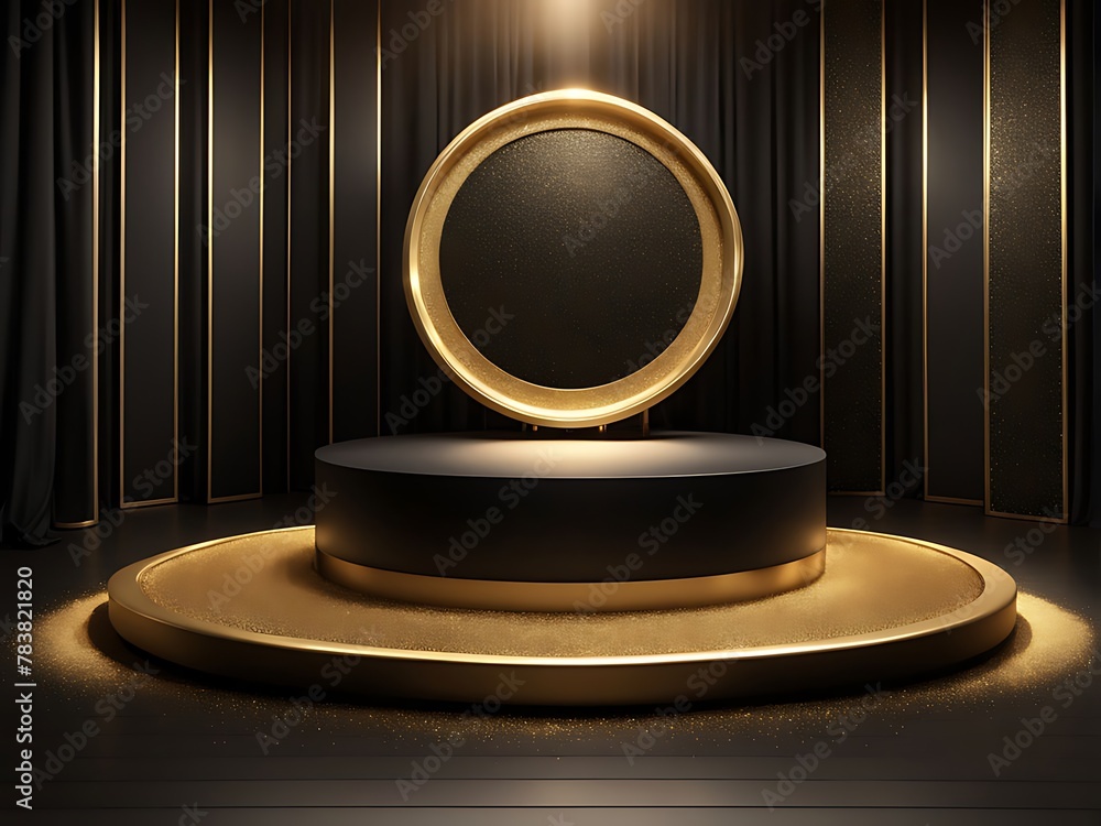  The product stage is on a black podium with a golden glitter backdrop and a spotlight design. 