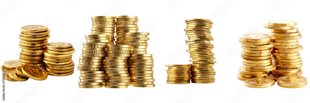 Set of golden Stacks of shiny coins on white background , transparent png Set of golden Stacks of shiny coins on white background , transparent png