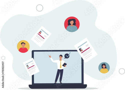 Remote hiring and online job interview with CV research.flat vector illustration.