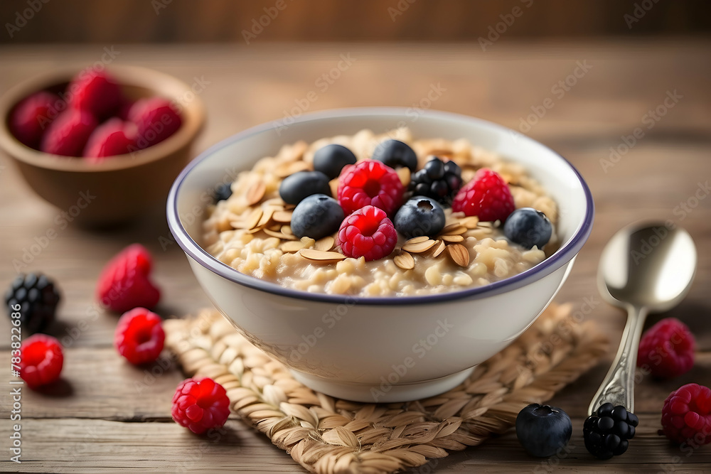 Warm oatmeal bowl with raspberries, blueberries, and slivered almonds, ideal for a healthy breakfast Warm oatmeal bowl with raspberries, blueberries, and slivered almonds, ideal for a healthy breakfast