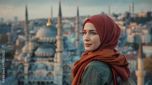 A Middle Eastern woman wearing hijab spends a day exploring historical landmarks in the city