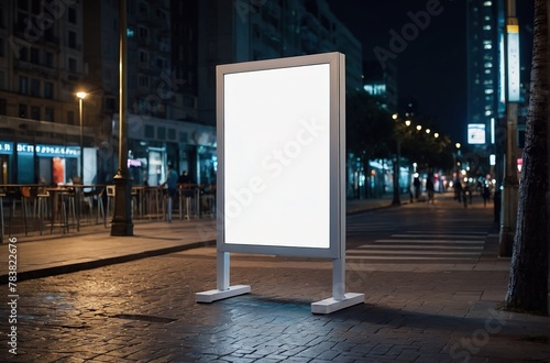  Blank advertising banner billboard stand on the roadside in the city at night, advertising banner near market