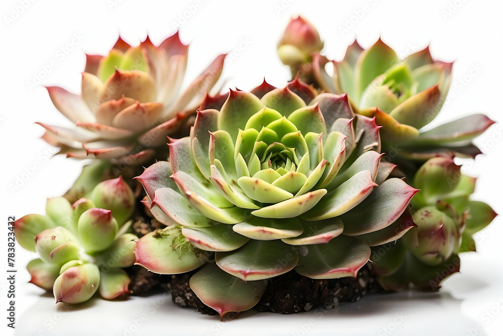 Detailed image showing the intricate beauty of several succulent plants with green and red-tipped leaves Detailed image showing the intricate beauty of several succulent plants with green and red-tipped leaves