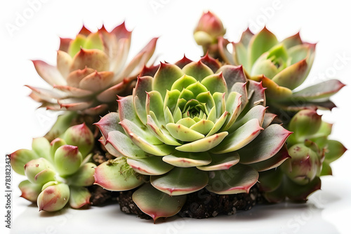 Detailed image showing the intricate beauty of several succulent plants with green and red-tipped leaves