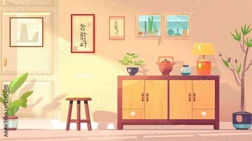 Stylish living room with stool and cabinet, Chinese text translation: spring and auspicious photo
