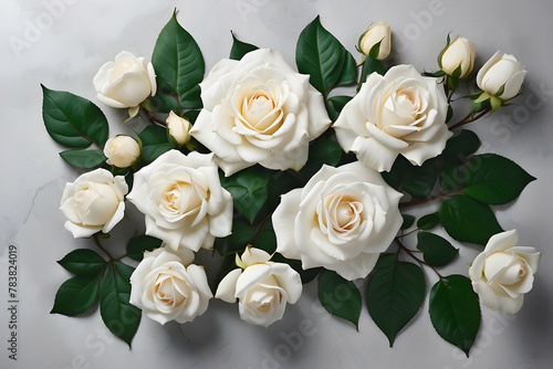 A beautiful arrangement of white roses with their green leaves against a gray backdrop symbolizing purity and elegance