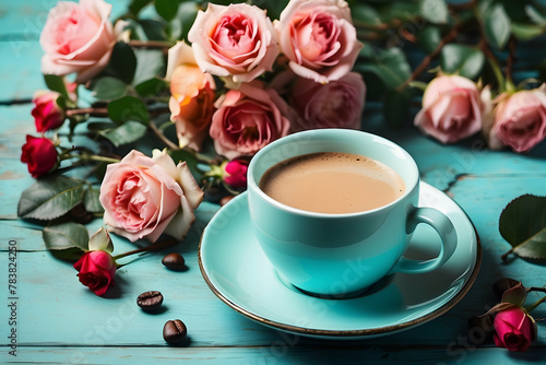 A vibrant image capturing a pastel blue coffee cup with a saucer amidst bountiful pink roses on a wooden surface