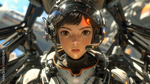 Determined young pilot in a mech suit cockpit, ready for a mission with a focused expression.