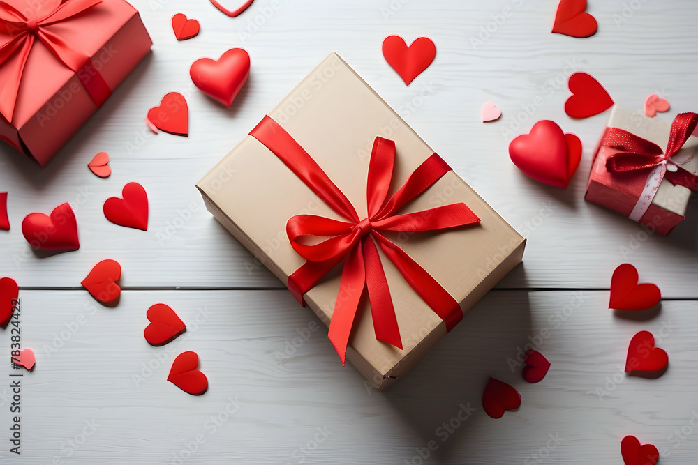 A top view of a neatly wrapped gift box surrounded by scattered red hearts symbolizing love and celebration