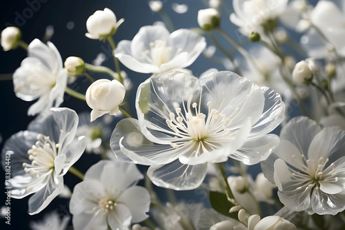 Delicate white flowers captured in a dreamlike state as they appear to float on a dark background, evoking a magical and mysterious aura
