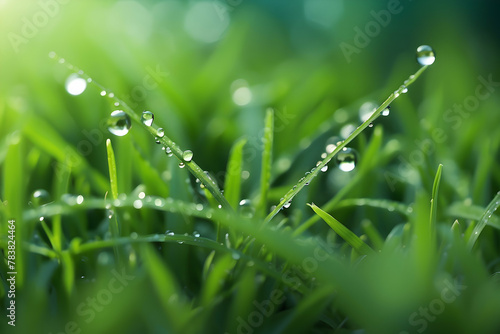 Lush green grass with glistening morning dew close up, depicting the freshness and tranquility of nature at dawn