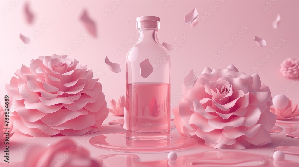 A 3D illustration of a droplet bottle ad decorated with romantic paper roses A 3D illustration of a droplet bottle ad decorated with romantic paper roses